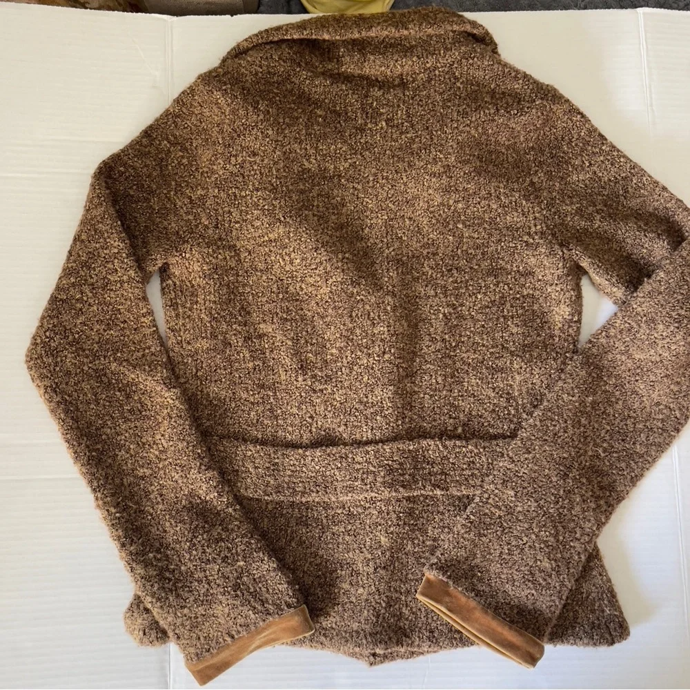 Anthropologie HWR Brown Boucle Knit Gold Velvet Trim Fitted Cardigan Sweater Sm - Picture 6 of 8